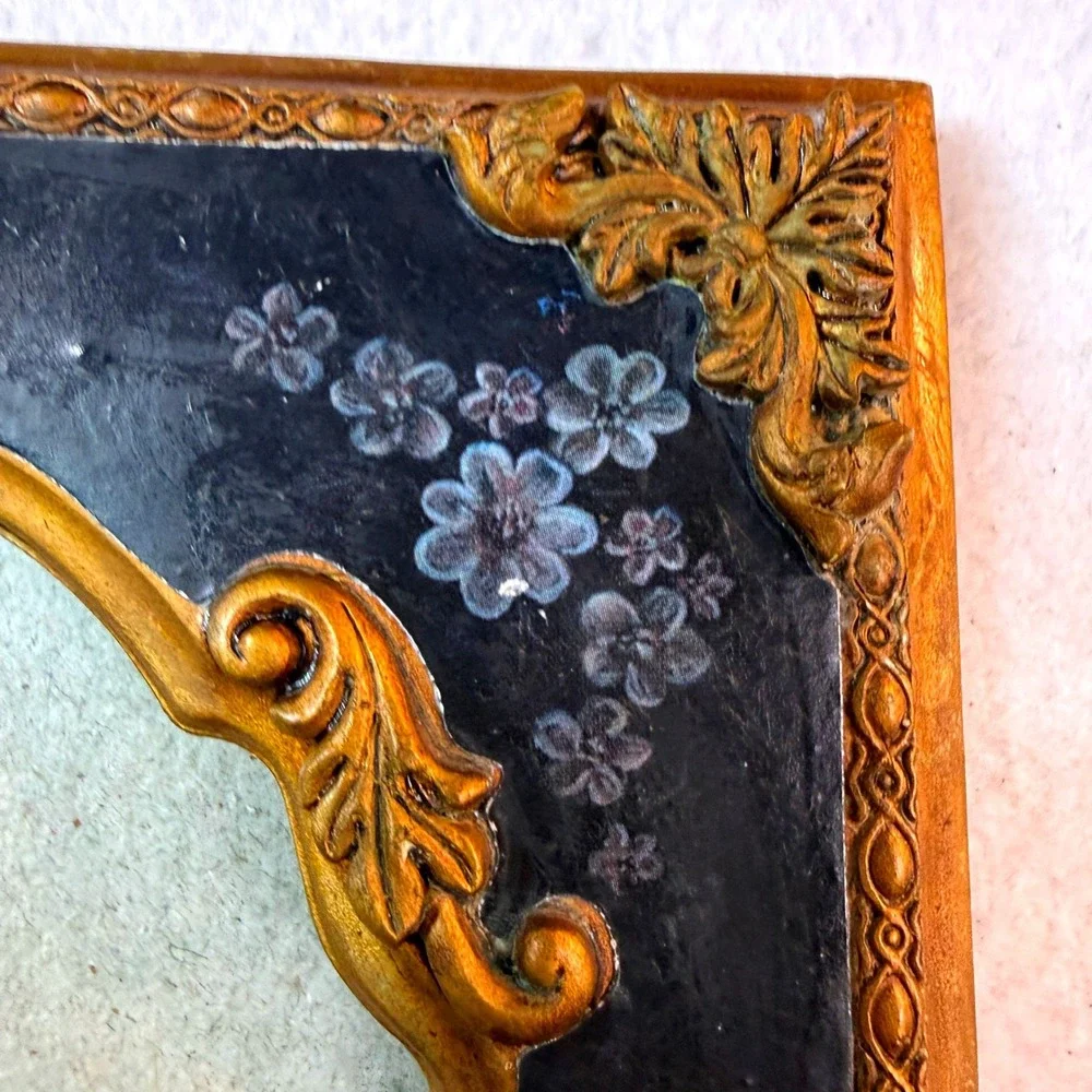 Vintage Ornate Gold Navy Floral Picture Frame Hollywood Regency French Decor